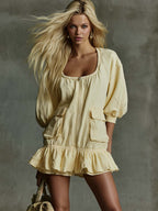 Elegant Casual Square-neck Front-zip Ruffled Hem Light Yellow Cotton Mini Dress