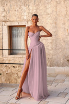 Cocoslly Strapless Sleeveless High Waist Long Prom Dress With Deep Split And Pleated | Pink Chiffon YC0472