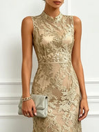 Golden Jacquard Lace Mock Neck Sleeveless Mermaid Midi Dress
