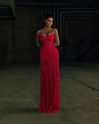 Cocoslly Strapless Sleeveless High Waist Long Prom Dress | Silver White Beading Pearls YK1253