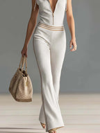 Retro Sporty Vacation Hooded Zipper V-neck Off-white Knitted Jumpsuit