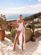 Cocoslly One Shoulder Sleeveless High Waist Long Split Prom Dress With Rhinstone | Silver Chiffon YK1284