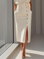 Off White Button Side-Slit Classic Crew Neck Sleeveless Sheath Midi Dress With Pockets