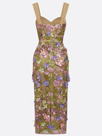 Pink 3D Floral Lace Applique V Neck Sleeveless Sheath Maxi Dress