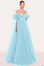 Tulle Off the Shoulder Sweetheart Long Prom Dress With Pleated WQ0206