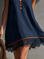 Casual Vacation V-Neck Front Buttons Lace Hem Dark Blue Cotton-Linen Mini Dress