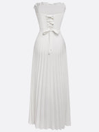 White Pleated Satin Strapless Sleeveless A-Line Maxi Dress