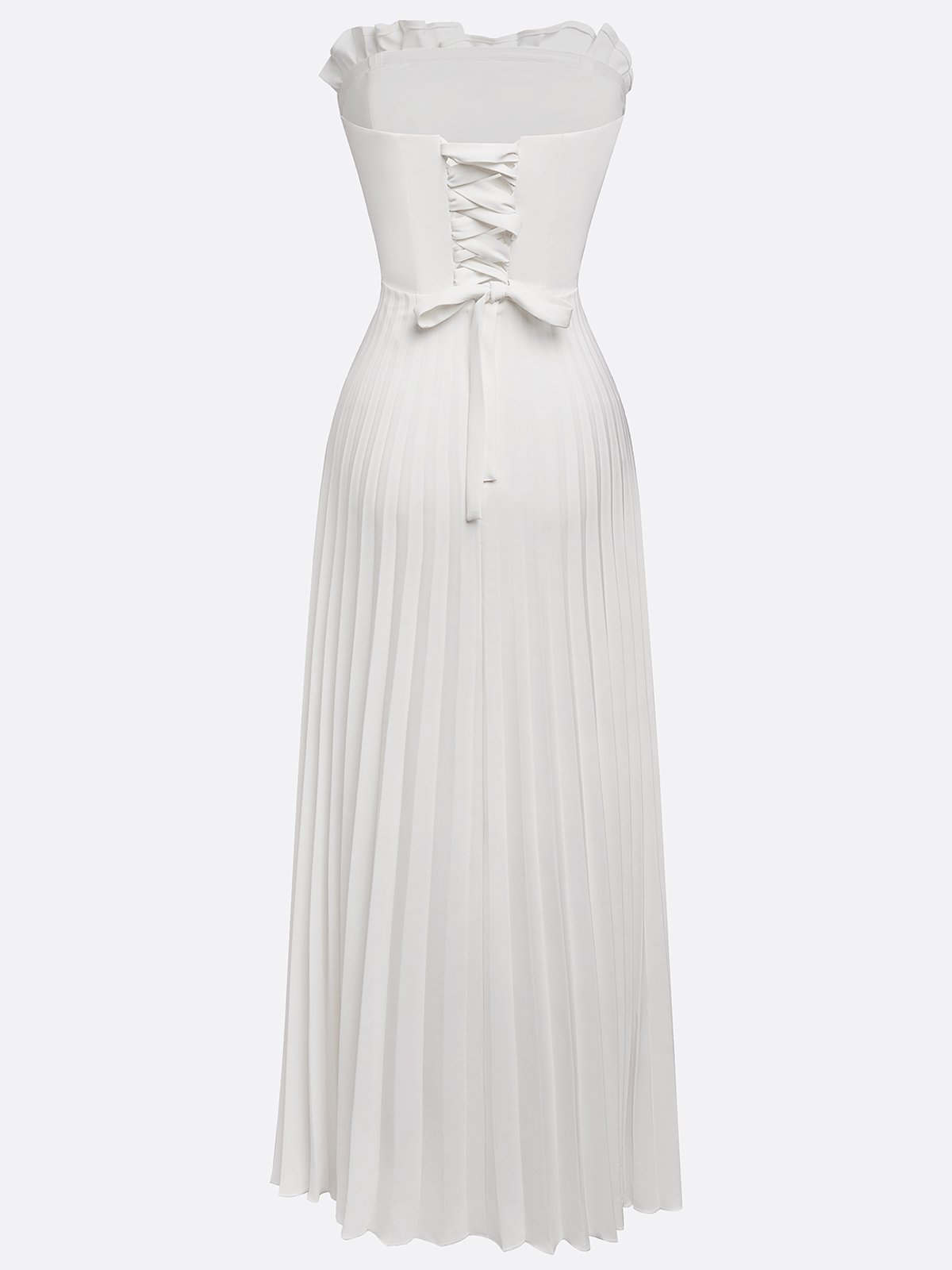 White Pleated Satin Strapless Sleeveless A-Line Maxi Dress