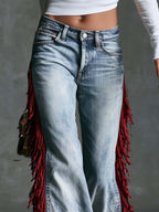 Vintage Urban Western Red Tassels Light-wash Slight-flare Jeans