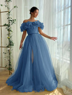 Tulle Off-The-Shoulder Strapless Sleeveless Long Pleated A-Line Prom Dress With Flower Appliques And Split YK0615