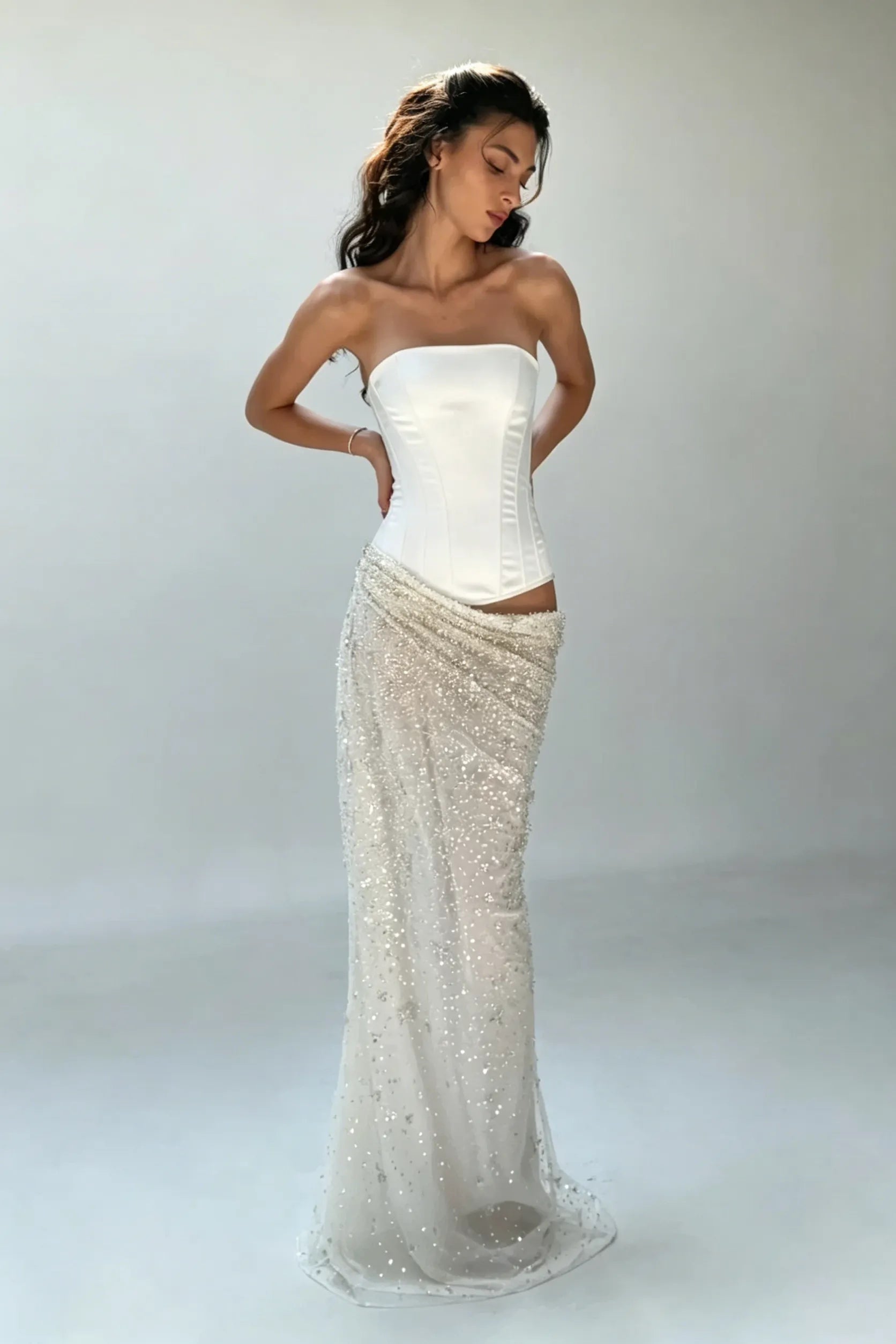 Cocoslly Strapless Sleeveless High Waist Long Mermaid Prom Dress | Creme Yellow Satin And Sequins YC0568