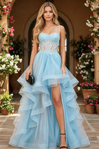 Cocoslly Spaghetti Straps Sleeveless High Waist Long Prom Dress With Beading Pearls And Split | Black Tulle LR0136
