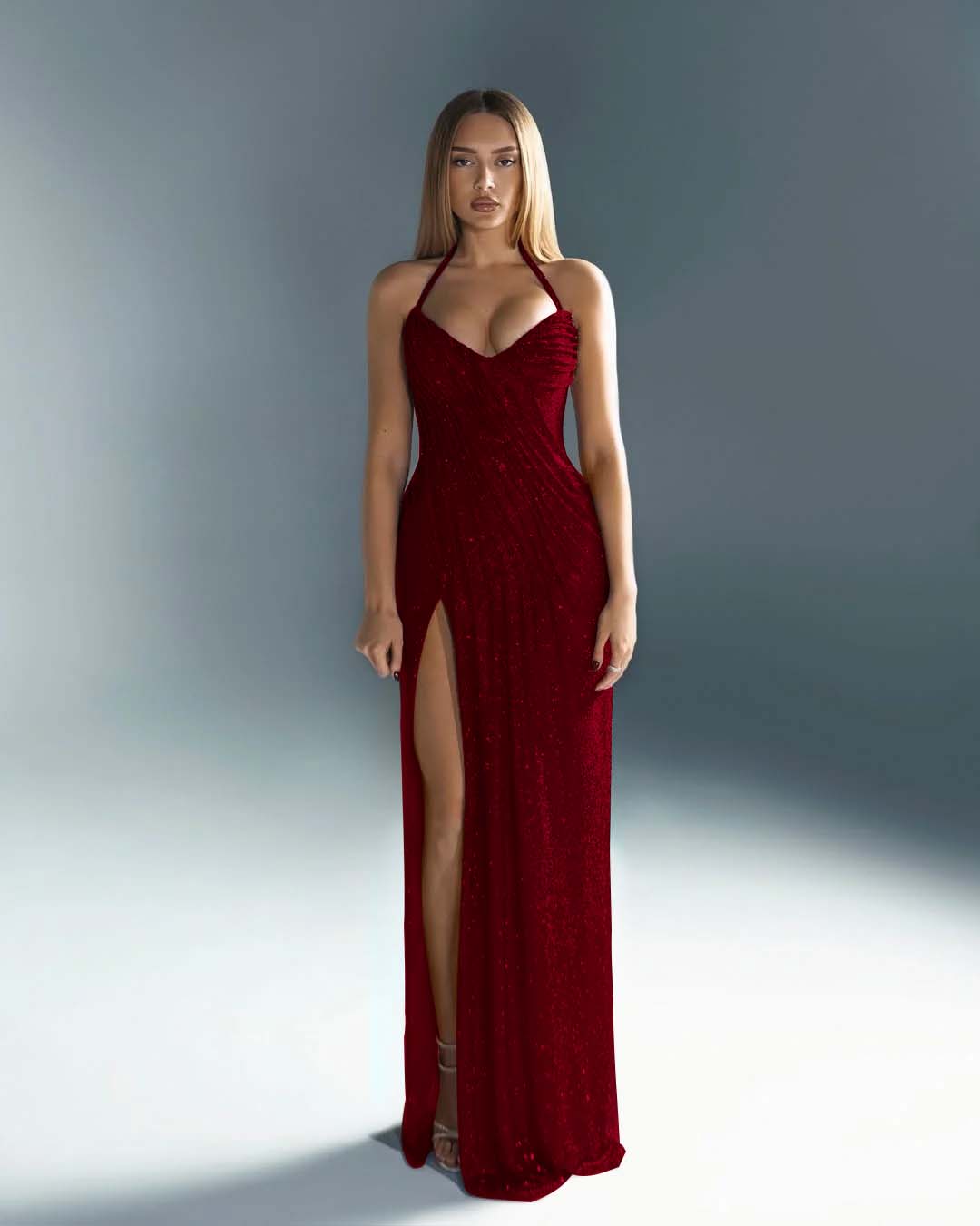 Halter V-Neck Strapless Sleeveless Long Mermaid Prom Dress With Split And Pleated YK0670