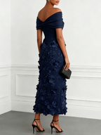 Navy Blue 3D Floral Applique Classic Off The Shoulder Short Sleeve Sheath Midi Dress