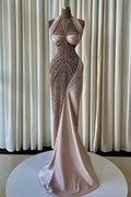 Cocoslly Halter Sleeveless High Waist Long Mermaid Prom Dress With Beading Pearls | Blush Champagne Satin JZ0163