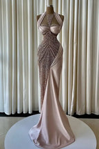 Cocoslly Halter Sleeveless High Waist Long Mermaid Prom Dress With Beading Pearls | Blush Champagne Satin JZ0163