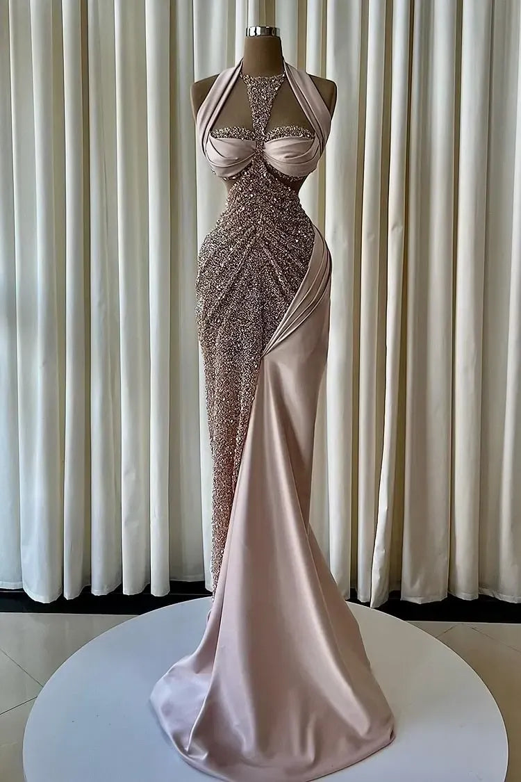 Cocoslly Halter Sleeveless High Waist Long Mermaid Prom Dress With Beading Pearls | Blush Champagne Satin JZ0163
