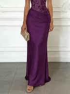 Purple Embroidery Satin Crew Neck Sleeveless Sheath Gown Dress