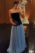 Cocoslly Strapless Sleeveless High Waist Long Prom Dress | Black And Dusty Blue Satin And Tulle YC0567
