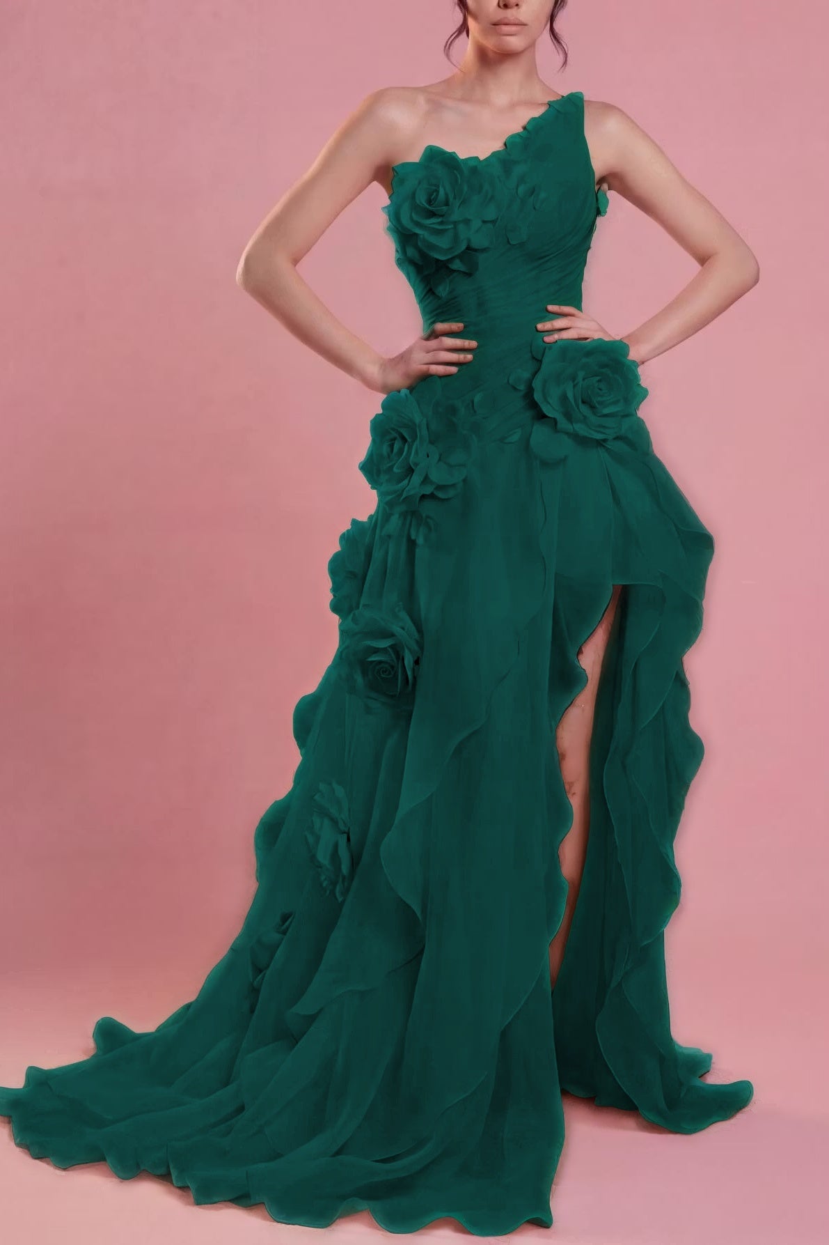 Cocoslly One Shoulder Sleeveless High Waist Long Split Prom Dress With Ruffles And Flowers | Blushing Pink Chiffon YC0489
