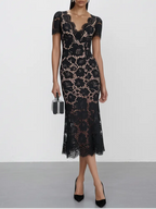 Black Lace Edge Cotton V Neck Short Sleeve Mermaid Midi Dress