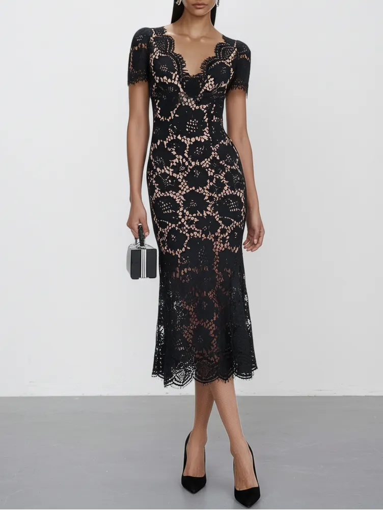 Black Lace Edge Cotton V Neck Short Sleeve Mermaid Midi Dress