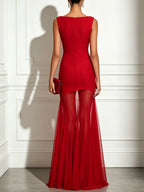 Red Mesh Classic Boat Neck Sleeveless Mermaid Floor-length Gown Dress