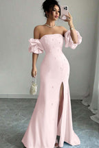 Strapless Bubble Sleeves Long Split Prom Dress With Beading WQ0027