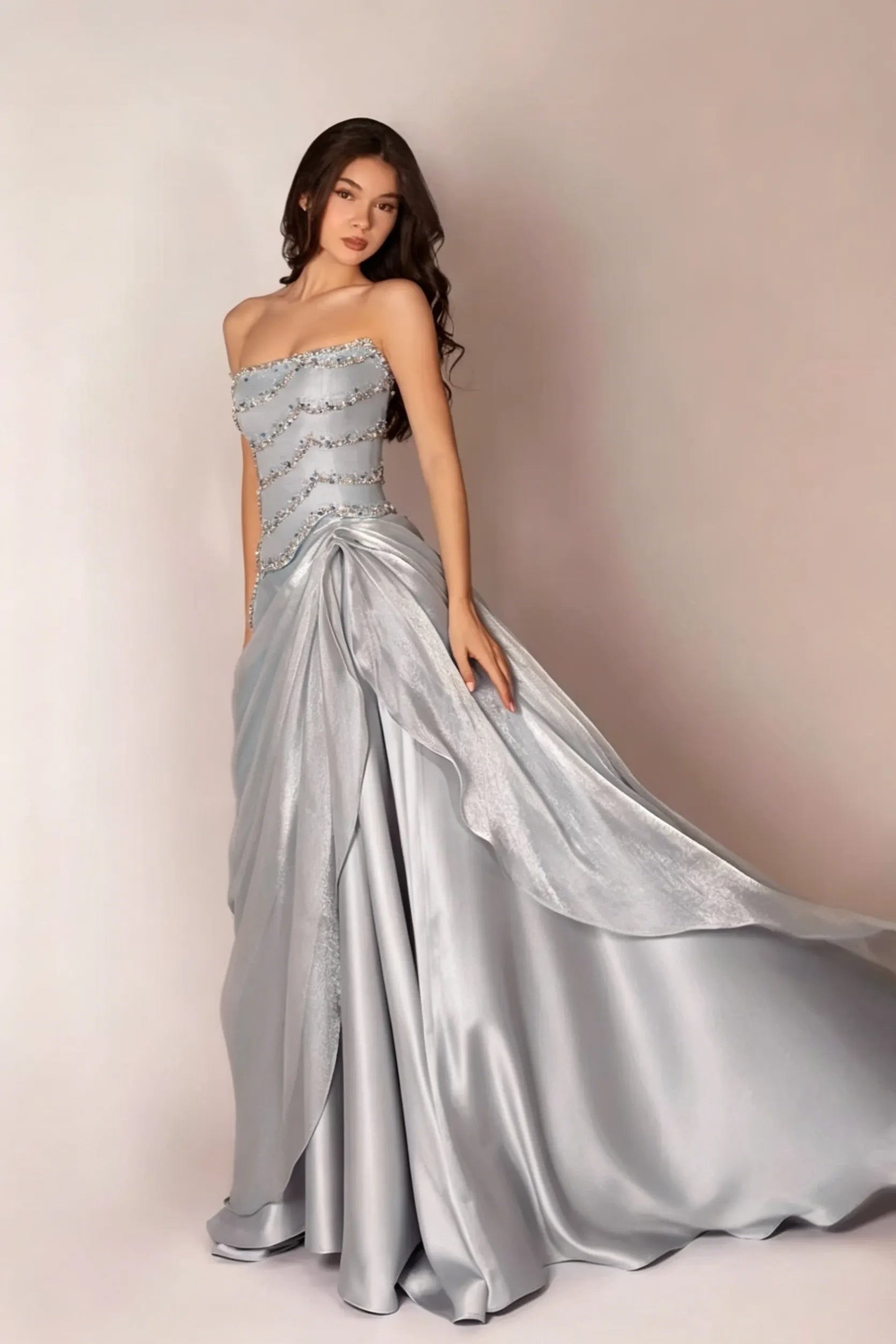 Cocoslly Strapless Sleeveless High Waist Long Prom Dress With Rhinstone And Beading Pearls | Baby Blue Satin LR0577