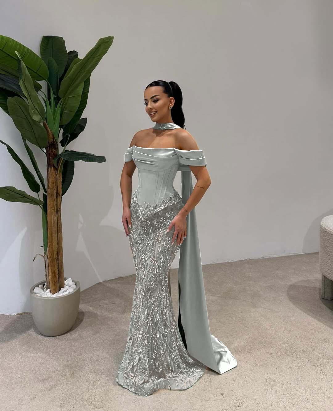 Cocoslly Off-The-Shoulder Long Pleated Mermaid Prom Dress With Beaded-Embroidered And Scarf | Dusty Sage Satin And Tulle ZA0306