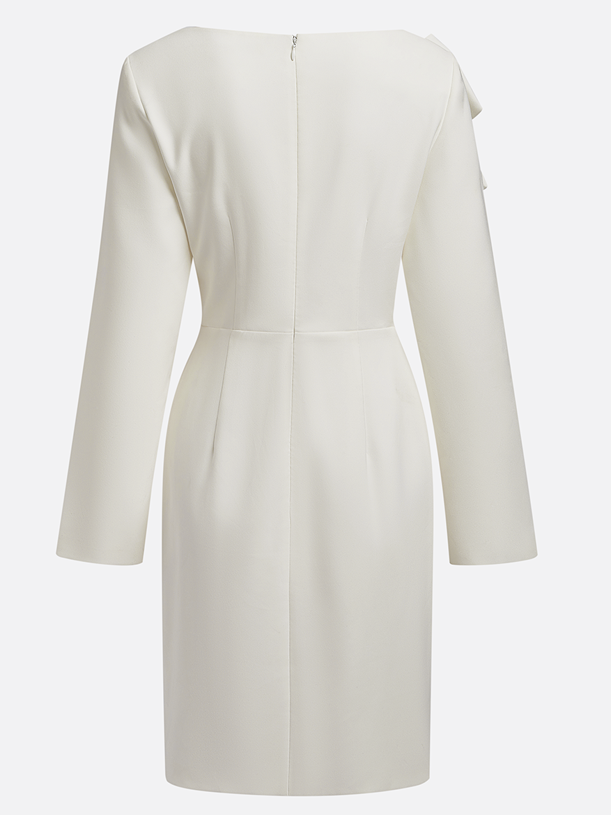 Cream White Bow Long Sleeve Sheath Midi Dress