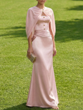 Pink Buckle Satin Strapless Cap Sleeve A-Line Floor-length Gown Dress