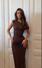 Cocoslly Off-The-Shoulder  Sleeveless High Waist Long Mermaid Prom Dress With Sequins | Brown Sequins CO0214