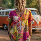 Vintage Hippie Peace & Love Daisy Floral Patchwork Print Linen T-shirt
