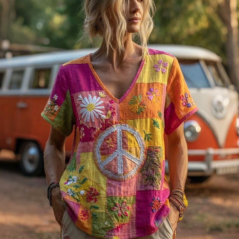 Vintage Hippie Peace & Love Daisy Floral Patchwork Print Linen T-shirt