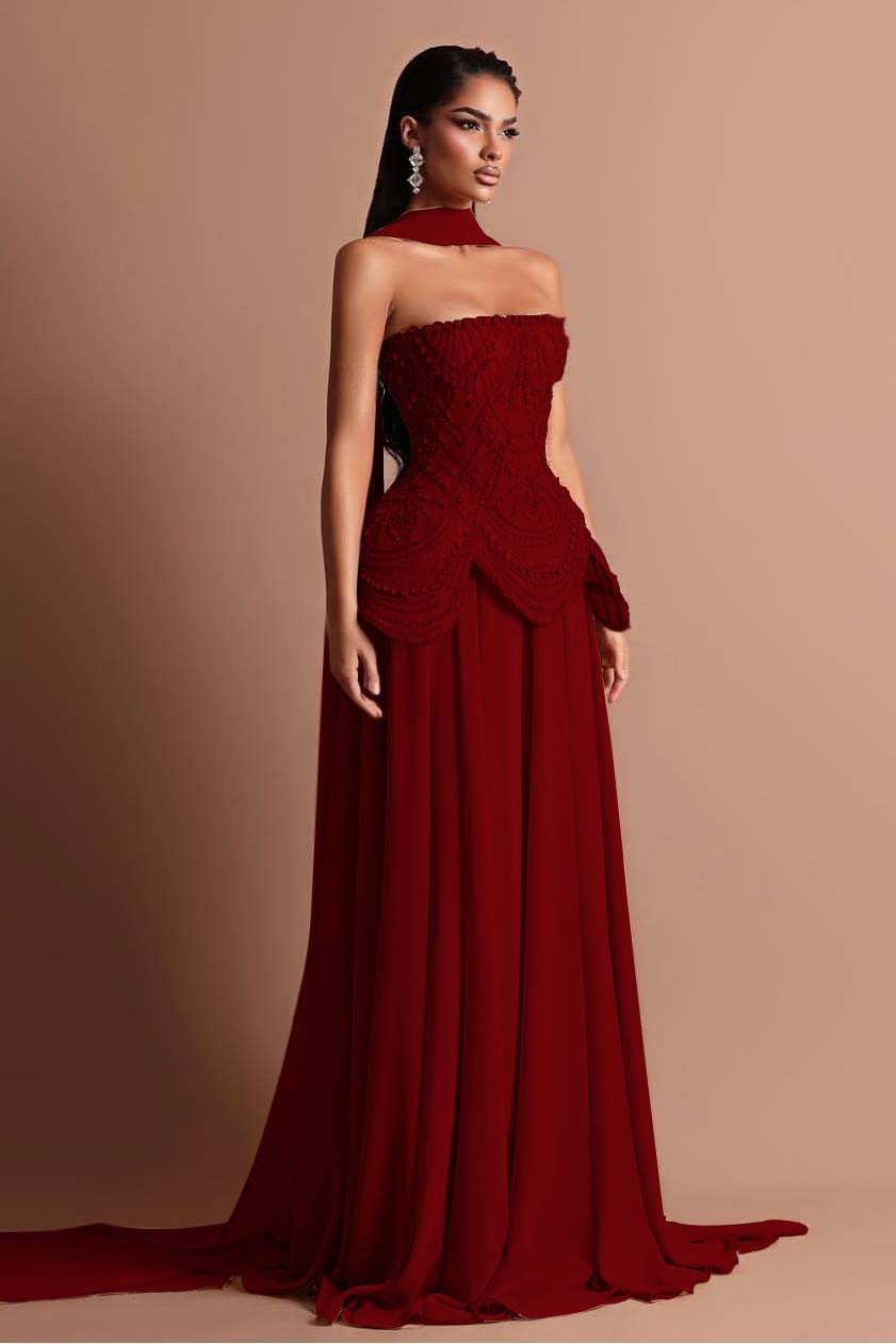 Strapless Sleeveless Long Prom Dress With Beading Pleated Wrap WQ0084