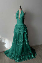Lace And Tulle Halter Neck Strapless Sleeveless Long Mermaid Prom Dress With Pleated WQ0665