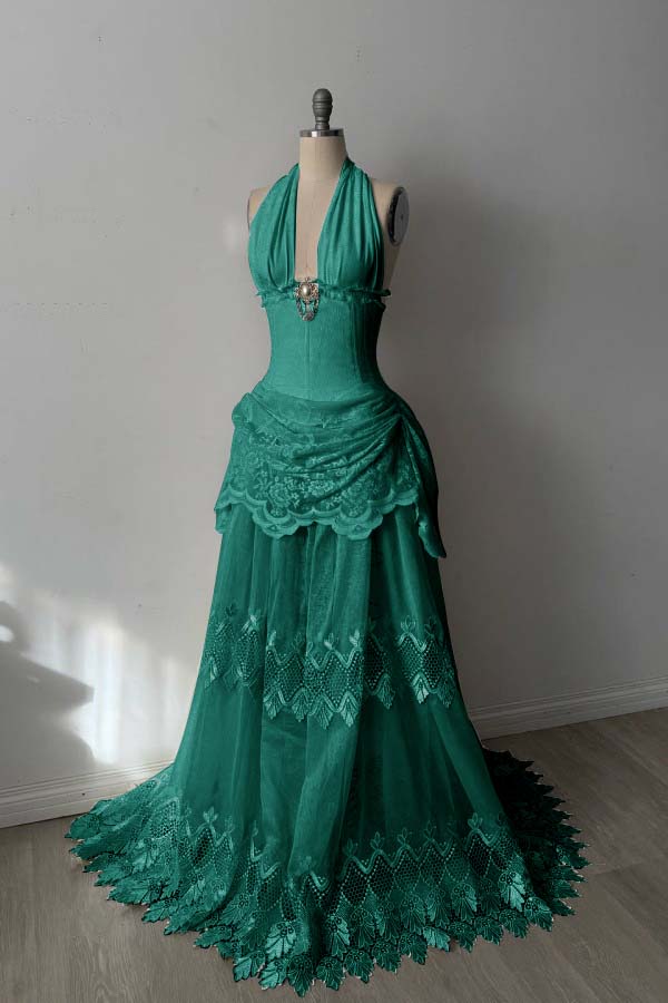 Lace And Tulle Halter Neck Strapless Sleeveless Long Mermaid Prom Dress With Pleated WQ0665