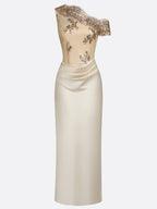 Champagne Lace Ruched Satin One Shoulder Asymmetrical Mermaid Floor-length Gown Dress