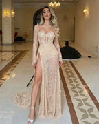 Cocoslly Square Neck Long Sleeves High Waist Long Prom Dress With Split | Red Sequins LX0105