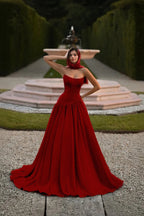Satin Strapless Sleeveless Long A-Line Prom Dress With Pleated And Corset YK0797