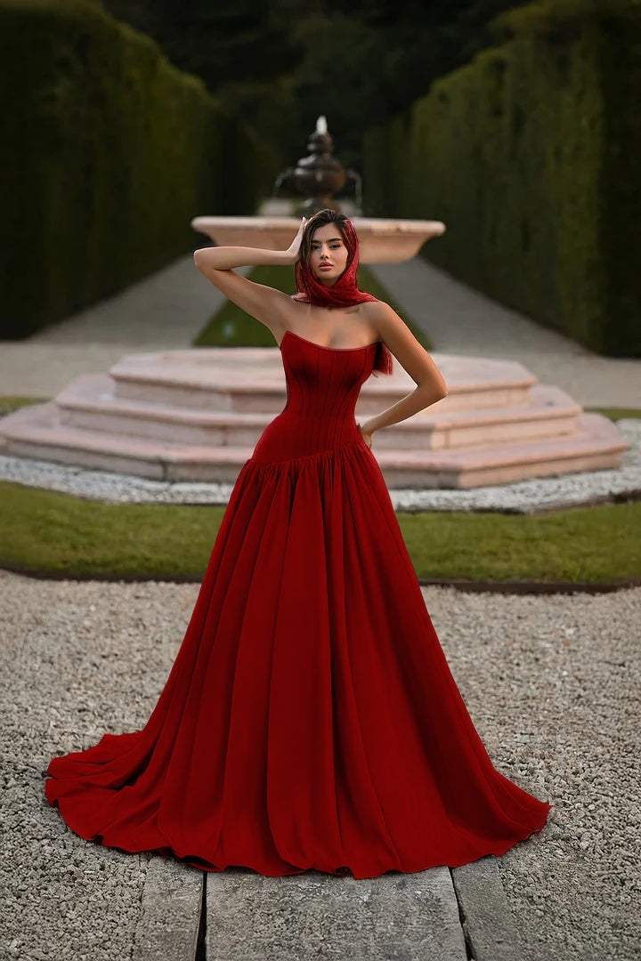 Satin Strapless Sleeveless Long A-Line Prom Dress With Pleated And Corset YK0797