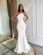 Cocoslly Strapless Sleeveless High Waist Long Mermaid Prom Dress With Appliques | Daffodil Satin LX0089