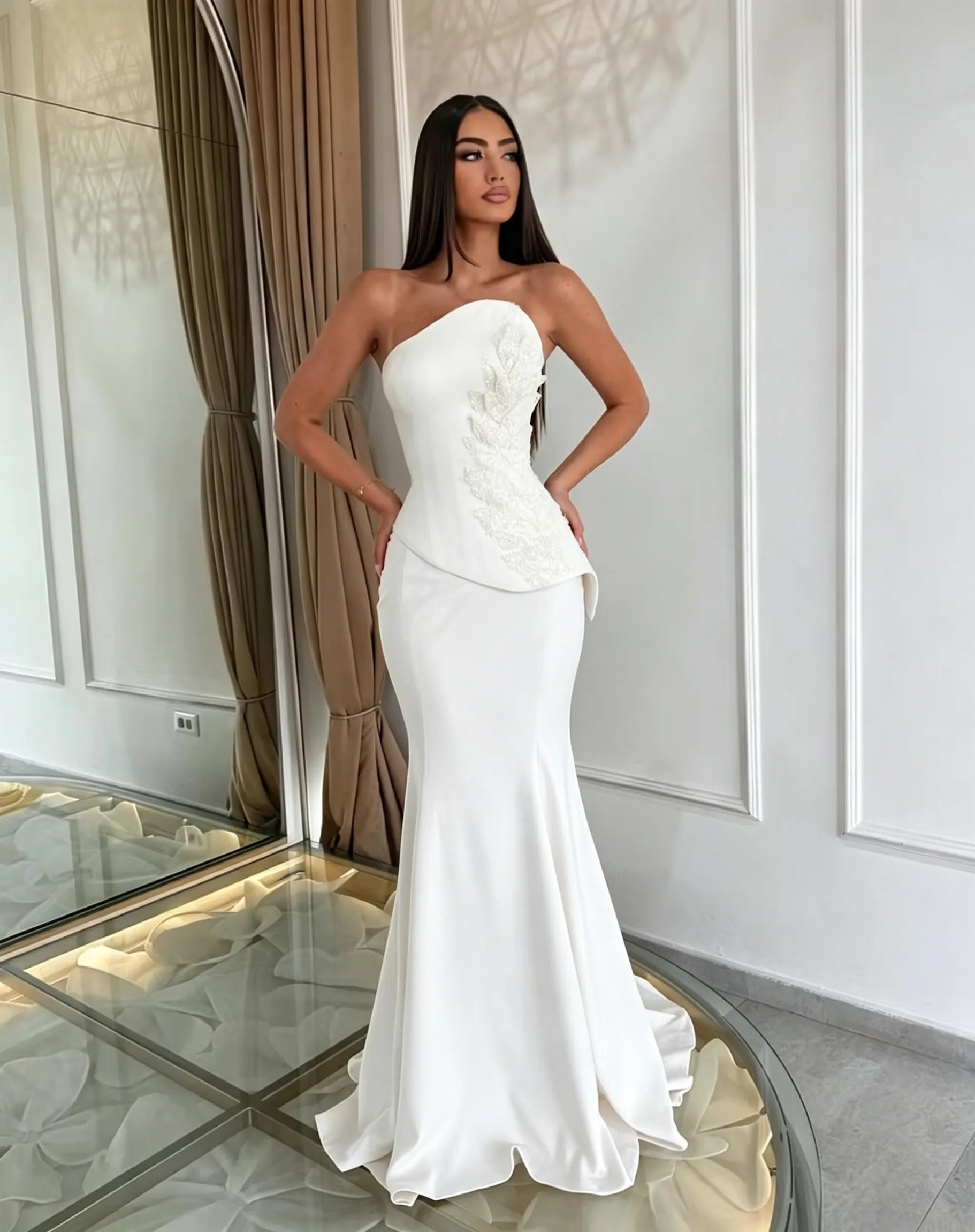 Cocoslly Strapless Sleeveless High Waist Long Mermaid Prom Dress With Appliques | Daffodil Satin LX0089