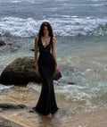 Cocoslly V-Neck Sleeveless High Waist Long Mermaid Prom Dress With Lace | Black Satin LX0099