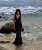 Cocoslly V-Neck Sleeveless High Waist Long Mermaid Prom Dress With Lace | Black Satin LX0099