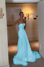 Cocoslly Strapless Sleeveless Long Pleated Prom Dress With Feathers | Ivory Satin ZA0210