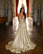 Satin Deep V-Neck Strapless Sleeveless Long Pleated Mermaid Prom Dress With Ruffles And Beadings YK0644