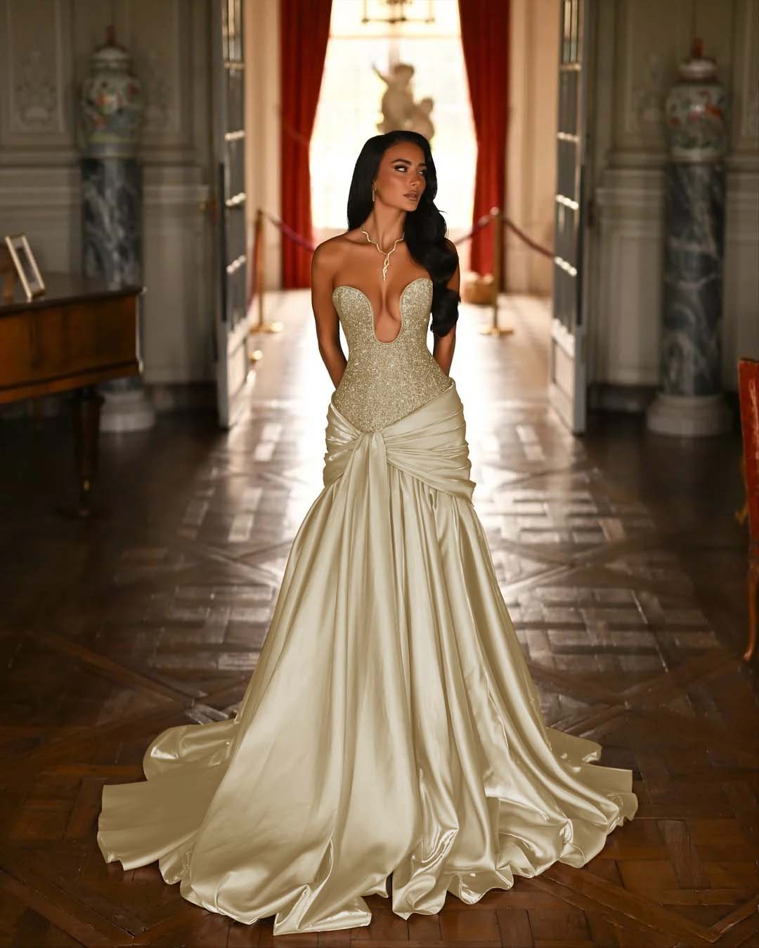 Satin Deep V-Neck Strapless Sleeveless Long Pleated Mermaid Prom Dress With Ruffles And Beadings YK0644