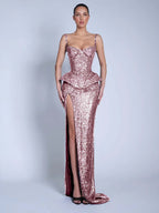 V-Neck Spaghetti Straps Sleeveless Long Mermaid Prom Dress With Split And Sequins YK0713